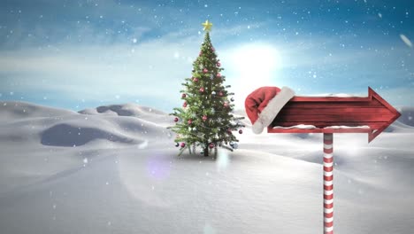 Animation-of-snow-falling-over-christmas-tree-and-wooden-arrow