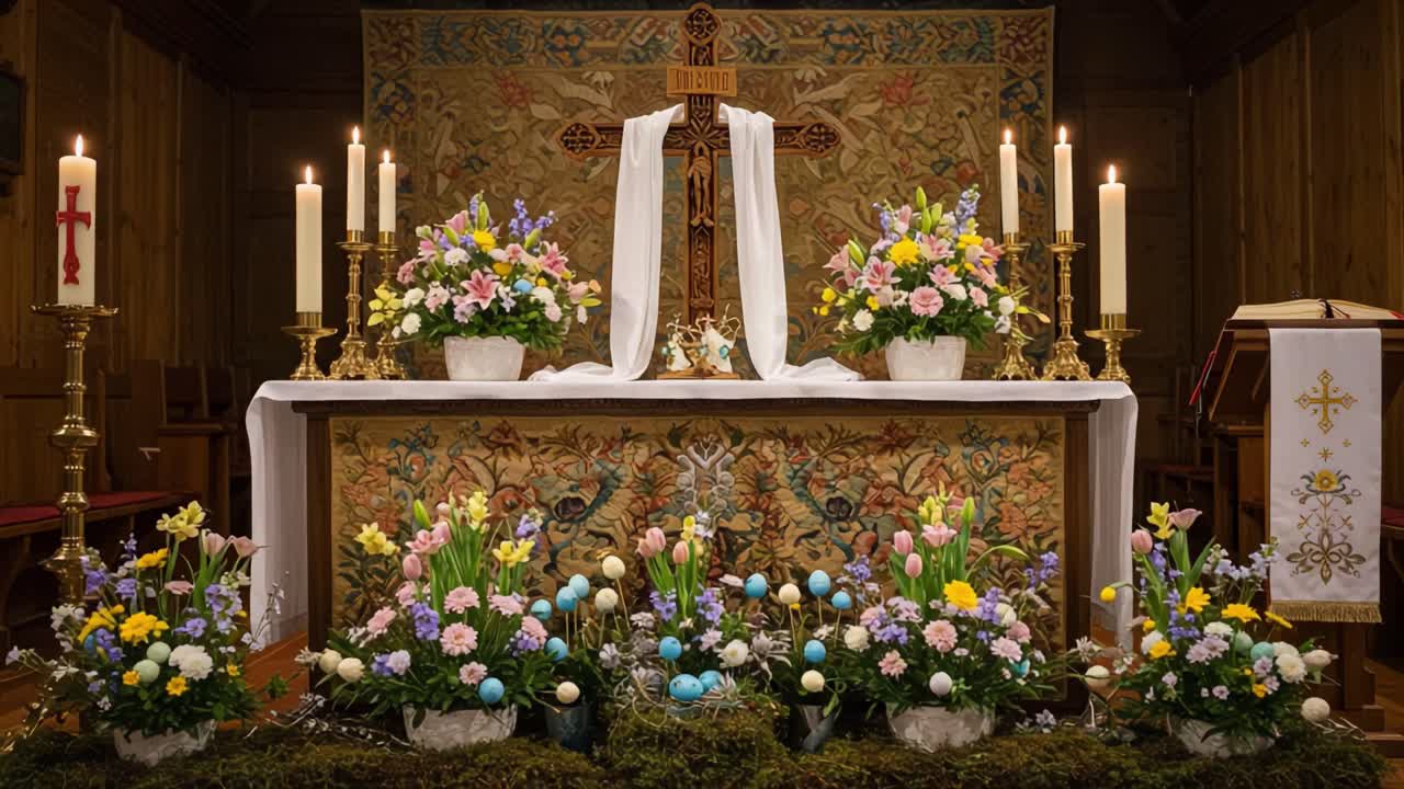 A Beautifully Adorned Altar Display with Floral Arrangements and Easter Eggs, Capturing the Essence of Celebratory Decor in a Serene Atmosphere