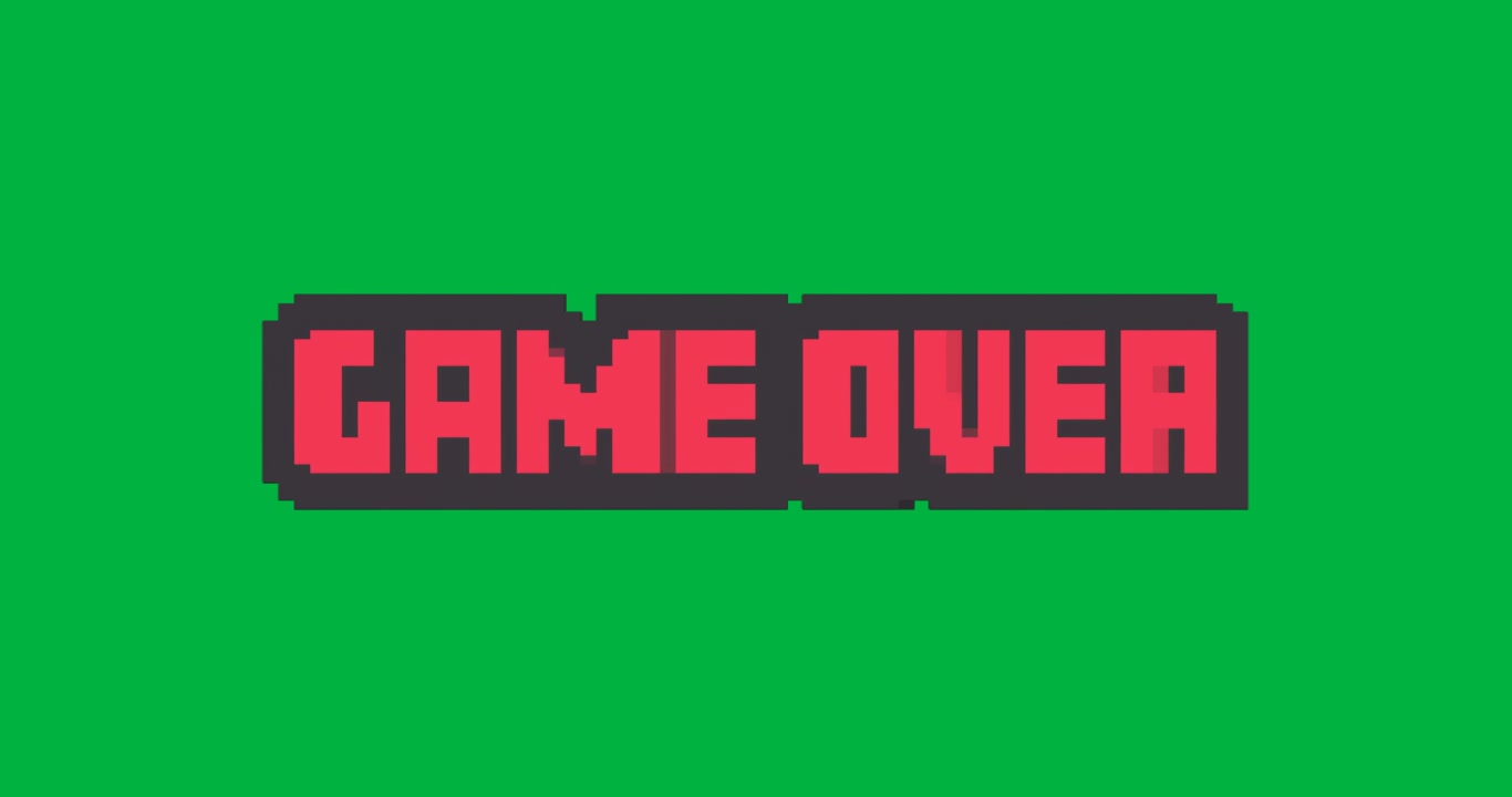Designer grafici che utilizzano una tela trasparente per il gaming, mostrando un "GAME OVER" pixelato con lettere rosse
