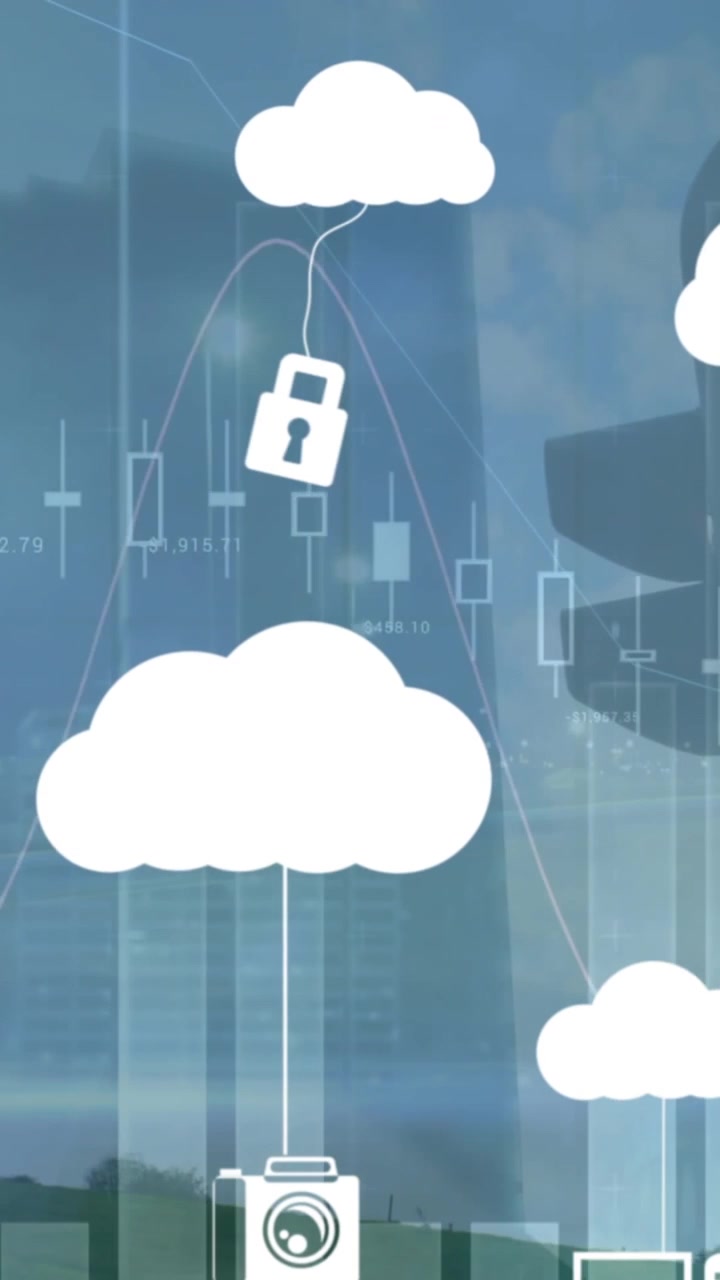 Animazione di icone cloud e elaborazione dati su paesaggio urbano