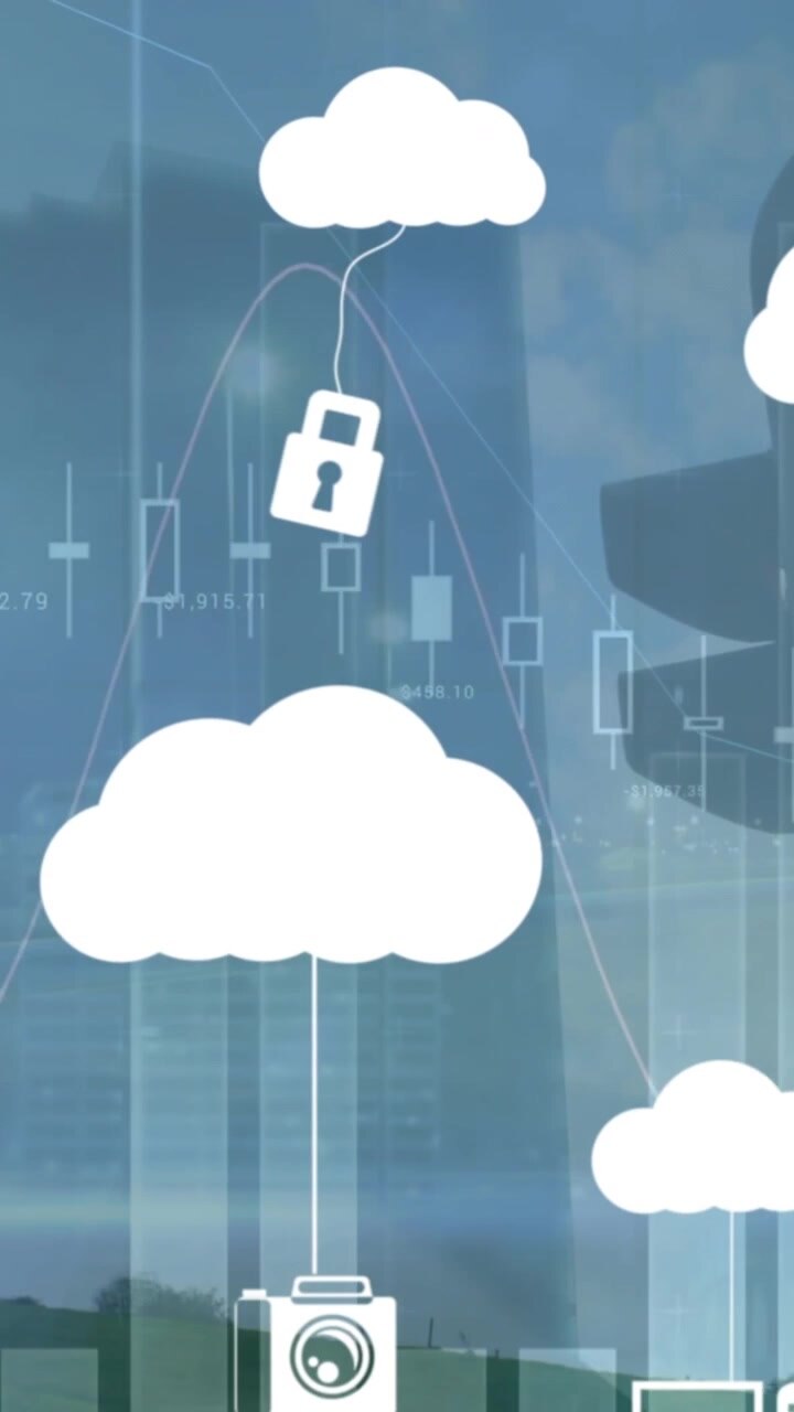 Animation of cloud icons and data processing over cityscape