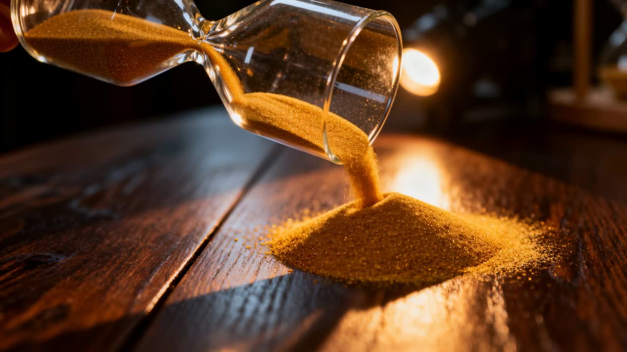 Tilting clear hourglass pouring golden sand onto wood table, forming conical pile with warm lamp