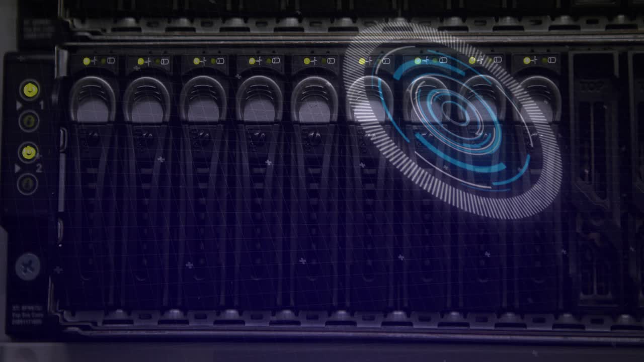 Circular HUD appearing on drive array, waveform shifting, traces sliding, LEDs glowing, monitoring