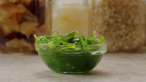 japanese wakame chuka fermented food. close-up on a detail of hiyashi wakame chuka or seaweed salad or seaweed with sesame seeds on a plate. top view. seafood background. health concept.