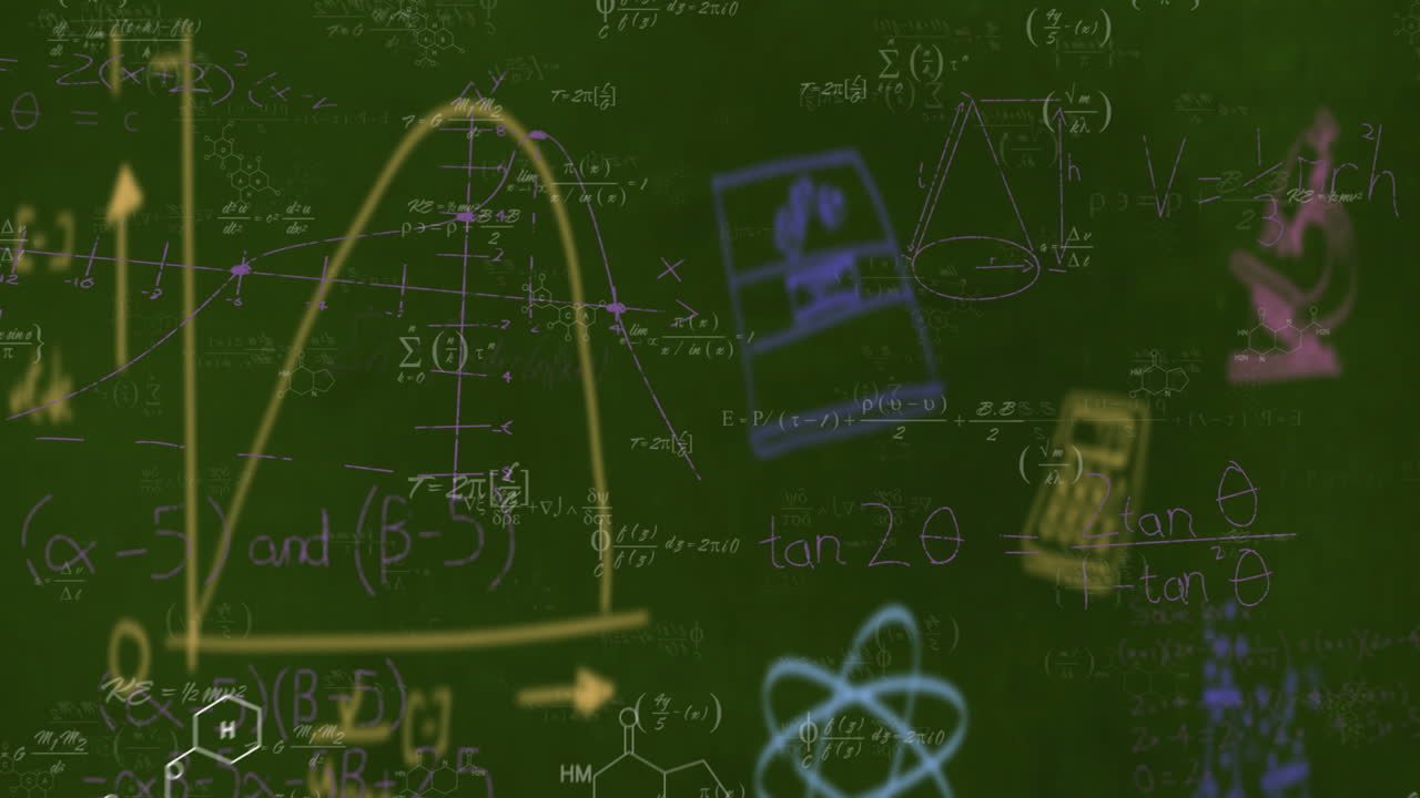 Drawing mathematical equations and geometric shapes on green chalkboard in school