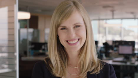 portrait successful blonde business woman laughing female office manager enjoying successful career in corporate management professional at work
