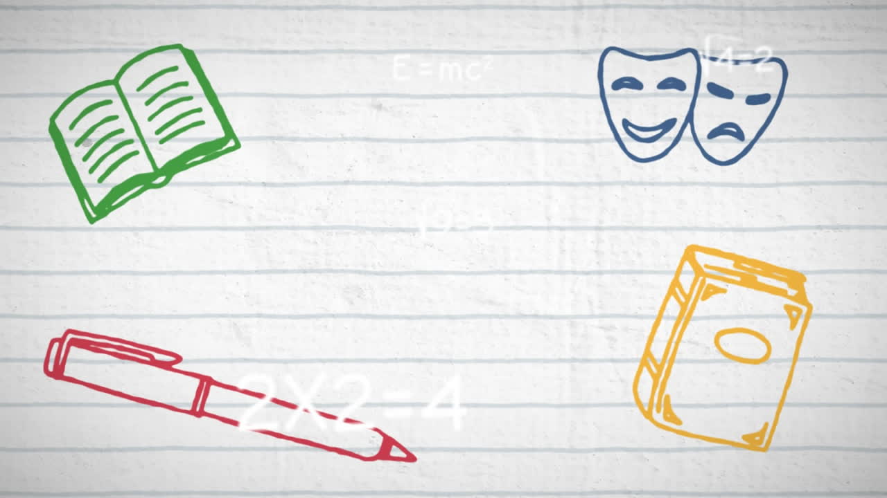 학교 개념 아이콘의 디지털 애니메이션을  ⁇  줄로 된 종이에 수학 방정식과 비교합니다.