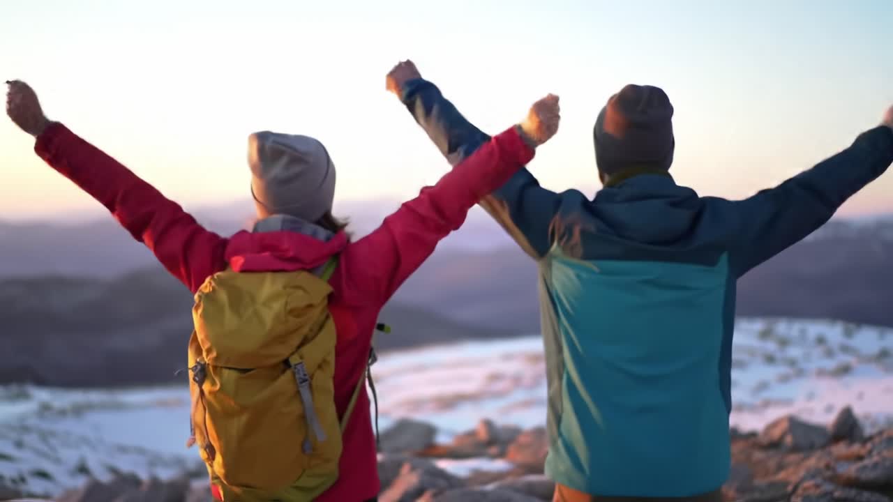 Couple Celebrating at Mountain Peak During Sunset After Hiking Adventure in Winter