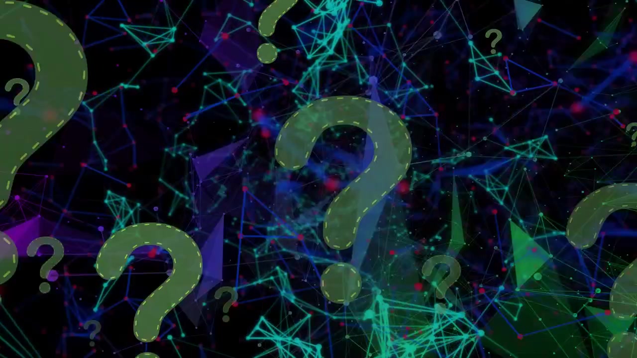 Left entry of green question mark causing layered marks drifting fading revealing node mesh
