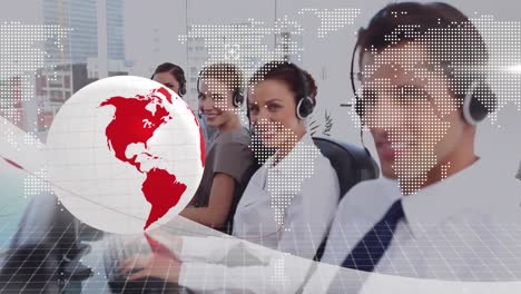 Animation-of-globe-and-world-map-over-business-people-wearing-headsets