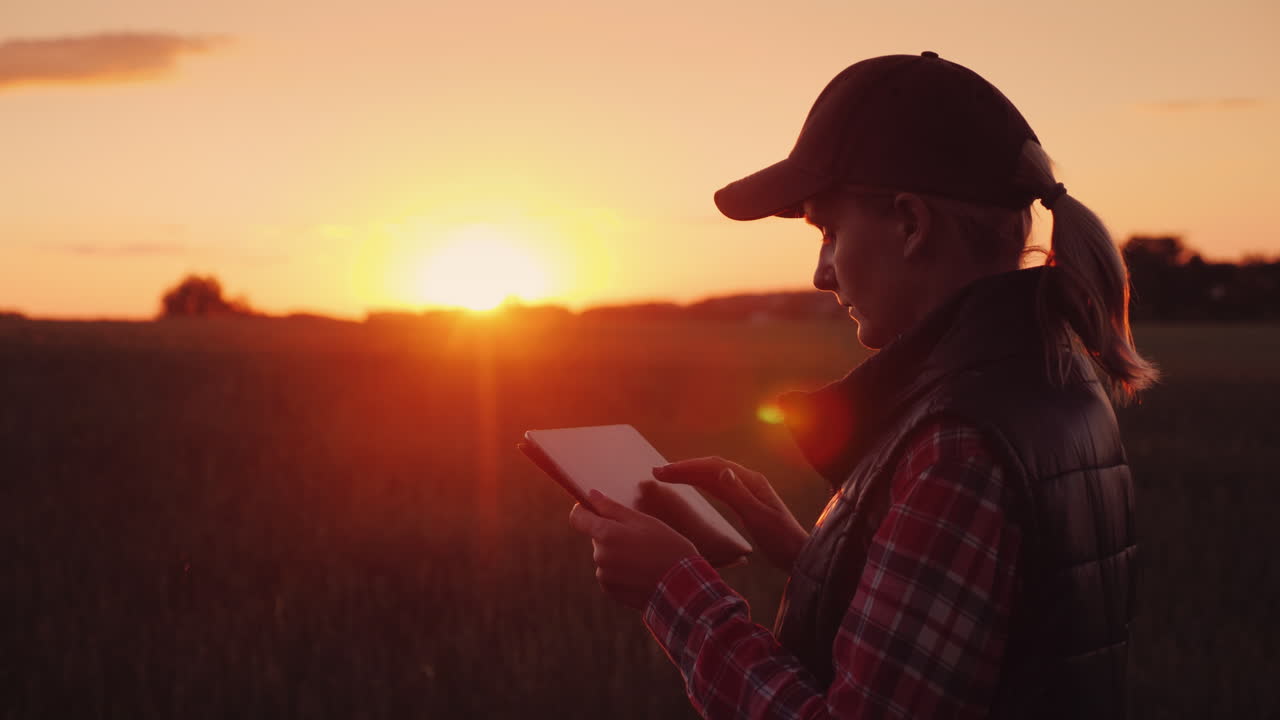 una agricultora está trabajando en el campo al atardecer disfrutando de tecnologías de tabletas en agronegocios 4k
