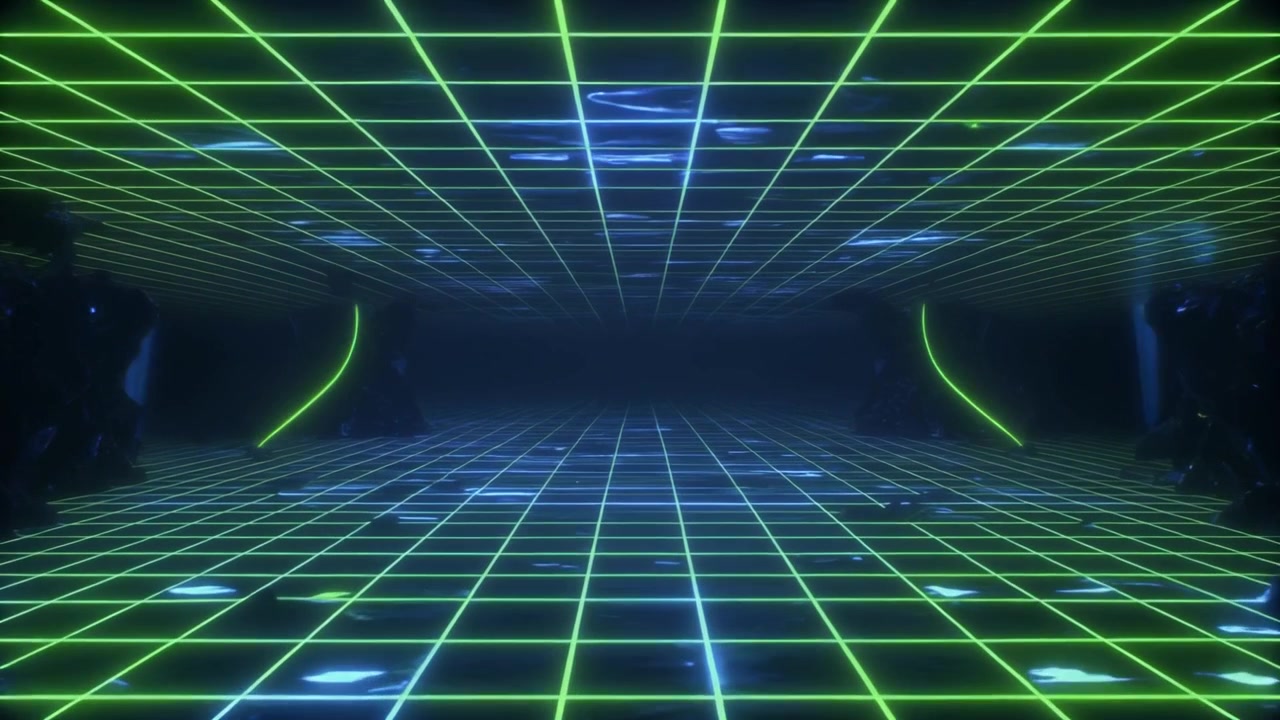 Retro Synthwave Grid Tunnel with Glowing Neon Lights