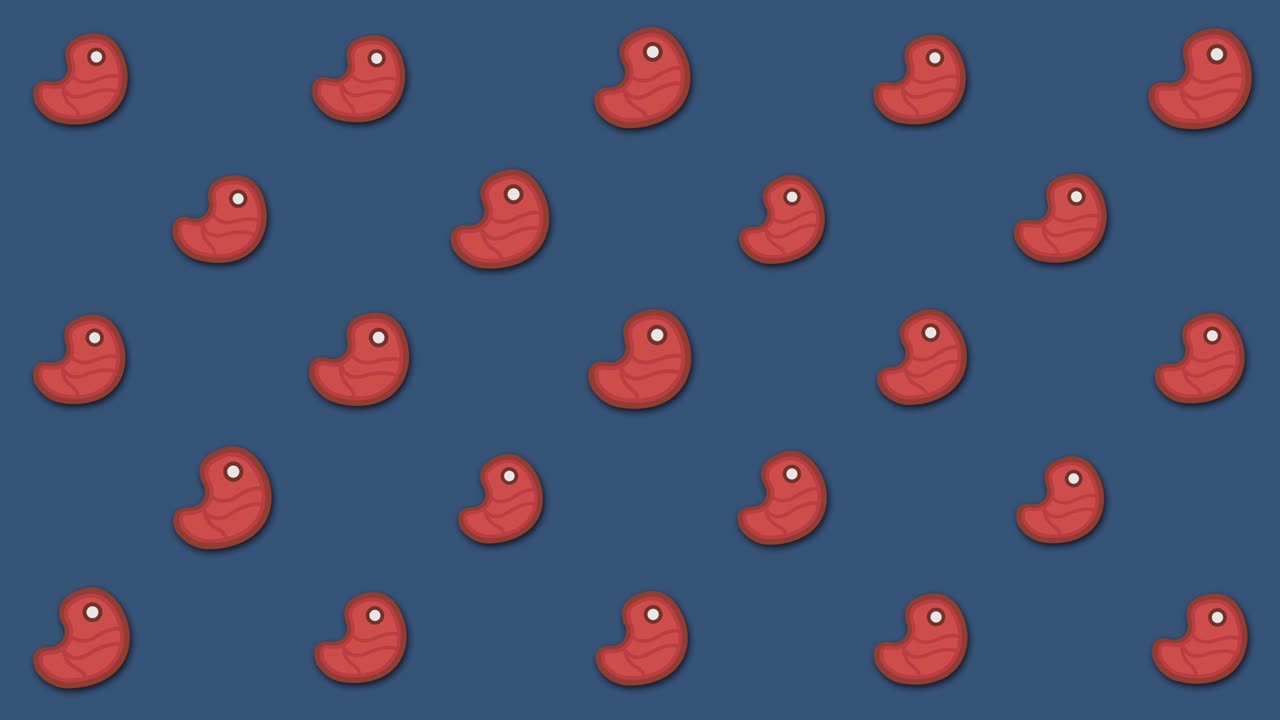 추상적인 만화: 파란 바탕에 흔들리는 줄의 생 스테이크, 원활한 루프, 애니메이션,  가 있는 은 고기의 다채로운 조각이 움직이고, 음식 개념