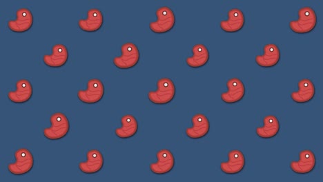 dibujos animados abstractos filetes crudos en filas balanceándose en fondo azul, bucle sin costuras. animación. piezas coloridas de carne roja con huesos blancos se mueven, concepto de comida