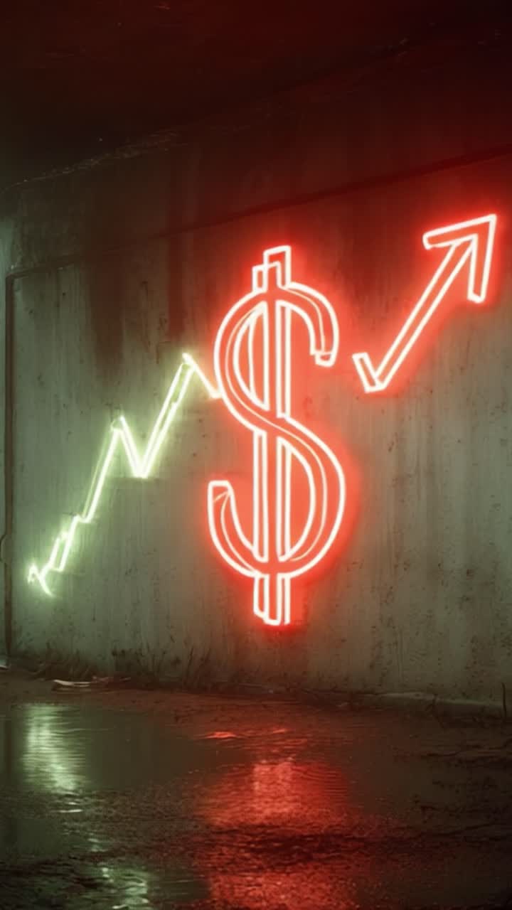 Crescita finanziaria illuminata: uno straordinario confronto tra un simbolo del dollaro al neon e un grafico in crescita in un contesto urbano