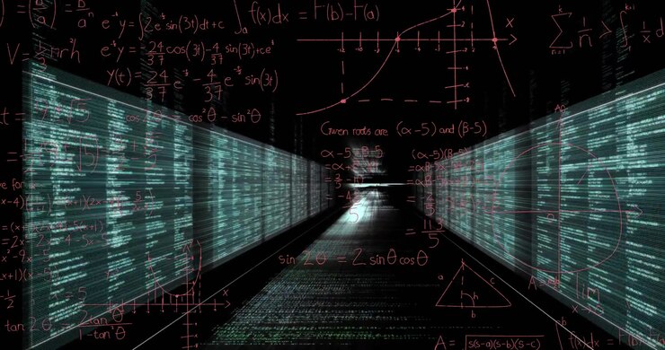 Animation of mathematical equations over data processing on black background