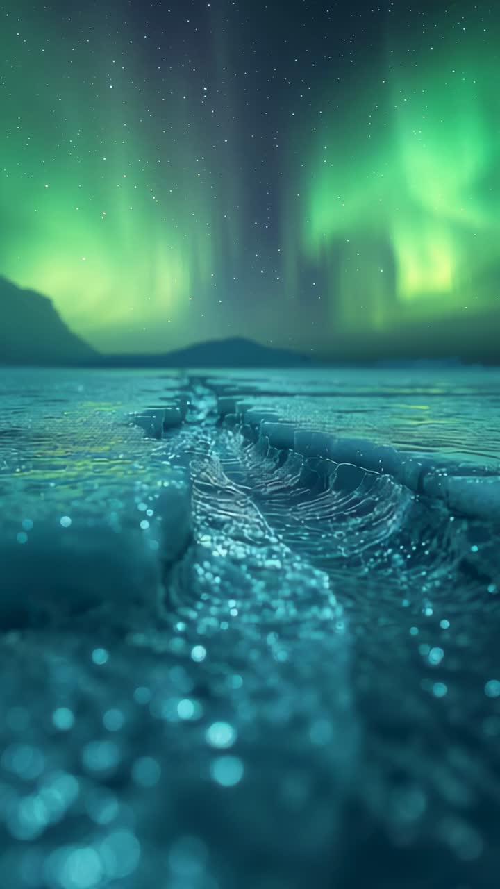 Vertical video: Camera tracking melt trough holding rippled water to horizon at night under aurora