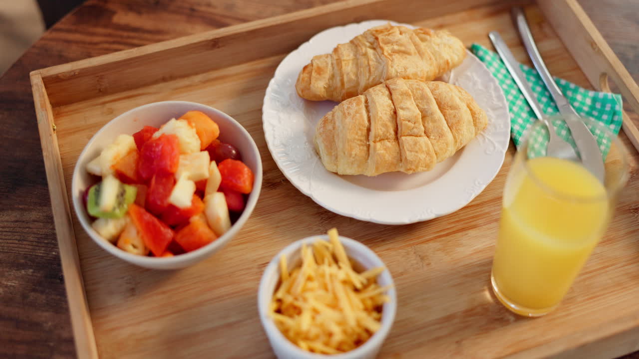 Breakfast on a wooden tray