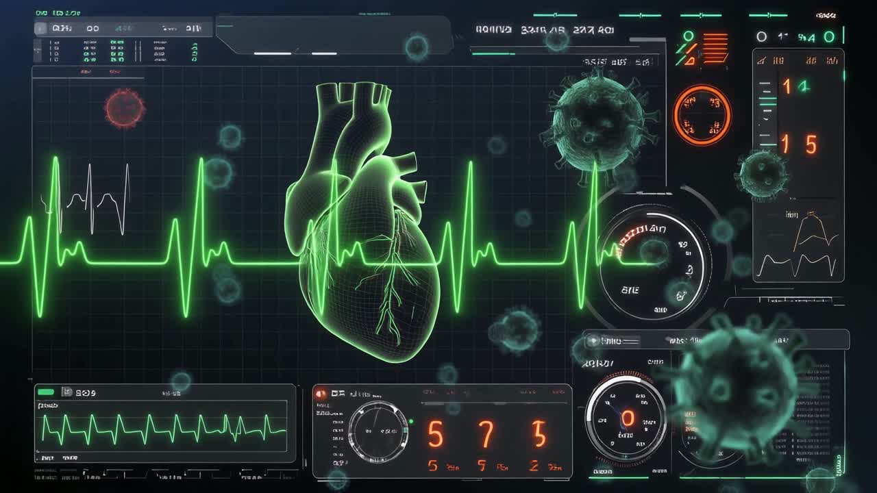 Schermo medico futuristico con cuore umano, ECG e dati sui virus.