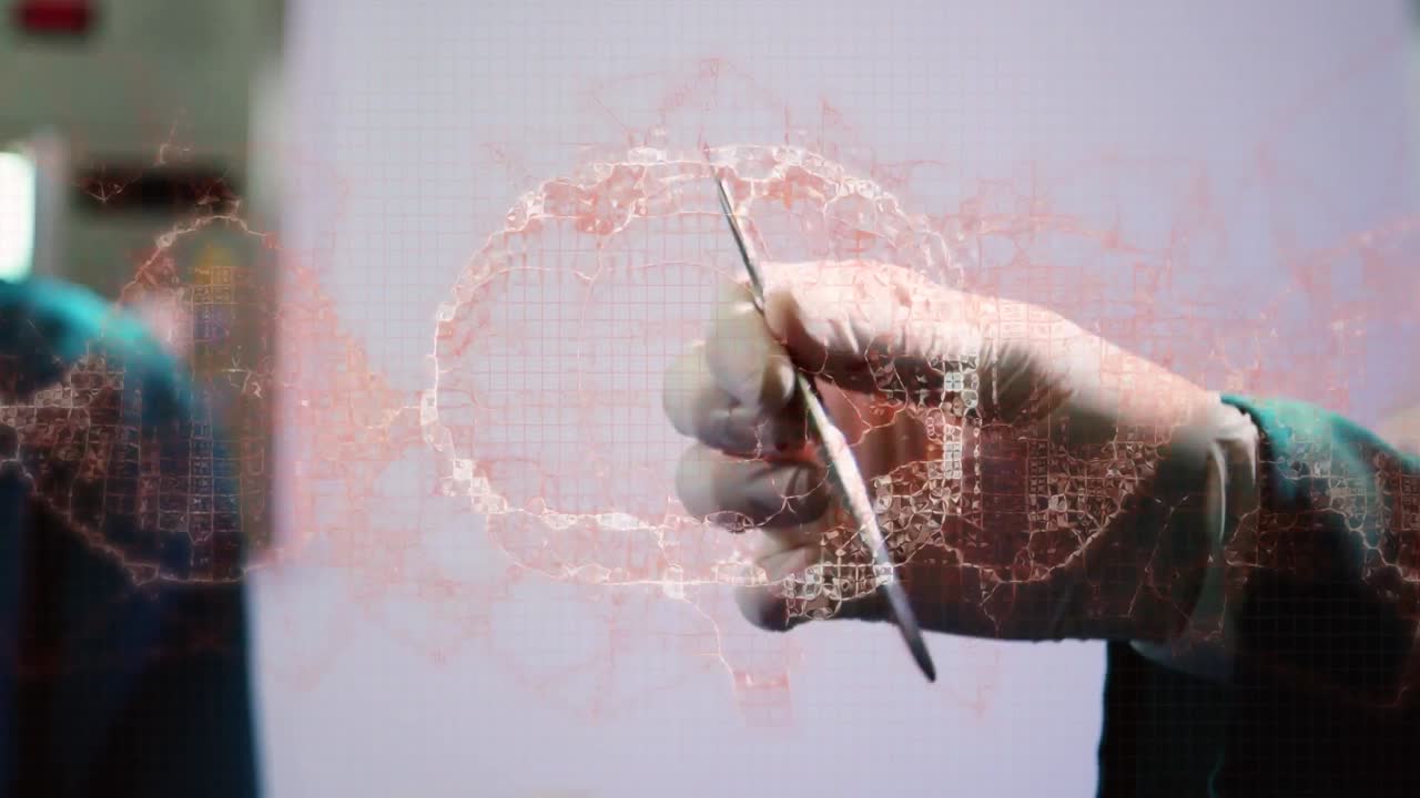 animación del cerebro y la red de partículas sobre cirujanos que sostienen el bisturí en el quirófano