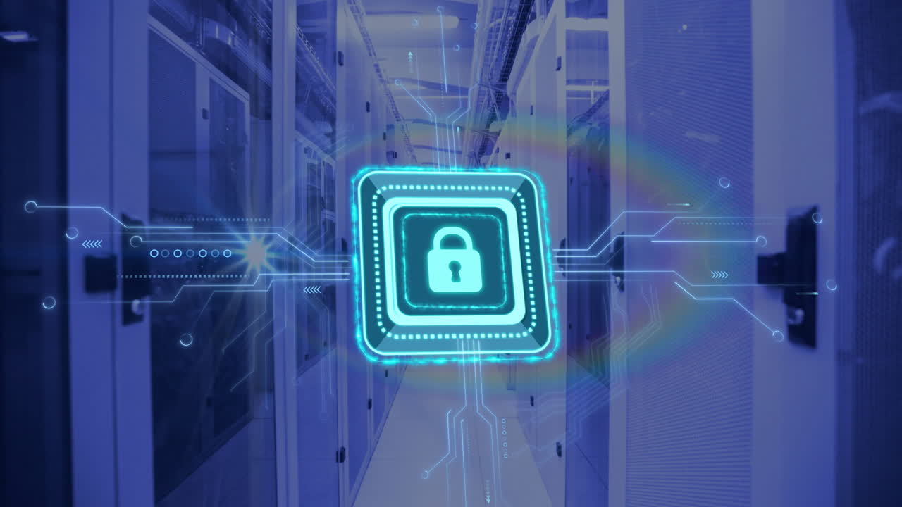 디지털 데이터 프로세싱, 락 아이콘, 회로 보드 및 컴퓨터 서버의 애니메이션