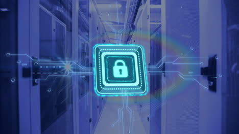 animación del procesamiento digital de datos, el icono del candado, la placa de circuitos y los servidores informáticos