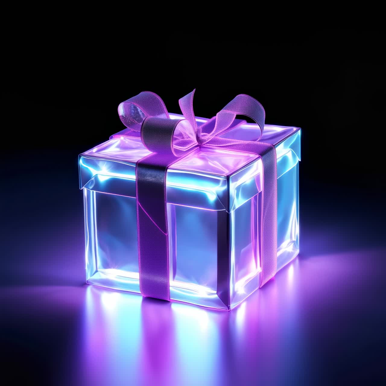 A glowing gift box with neon lights, shot from a low angle. The vibrant colors create a futuristic