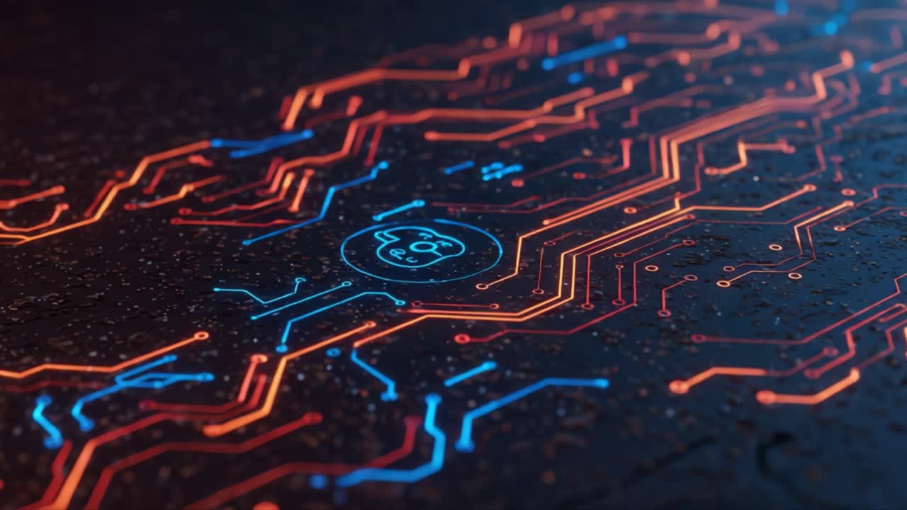 Exploring the Intricate World of Circuit Patterns with Vibrant Blue and Orange Lines on a Reflective Surface, Capturing the Essence of Modern Technology and Design