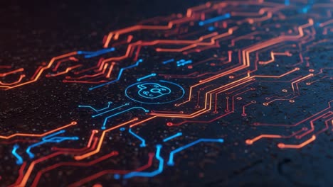 exploring the intricate world of circuit patterns with vibrant blue and orange lines on a reflective surface, capturing the essence of modern technology and design