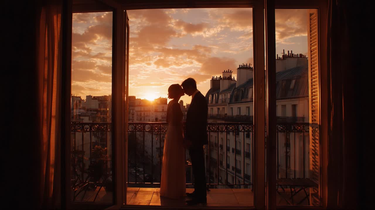 Romantik Gün Batımı Kucaklaşması: İki Aşık Arasındaki Zamansız Bağı, Güzel Bir Altın Saat Işıltısı Ortasında Paris Balkonuyla Çerçevelenmiş Şekilde Yakalama