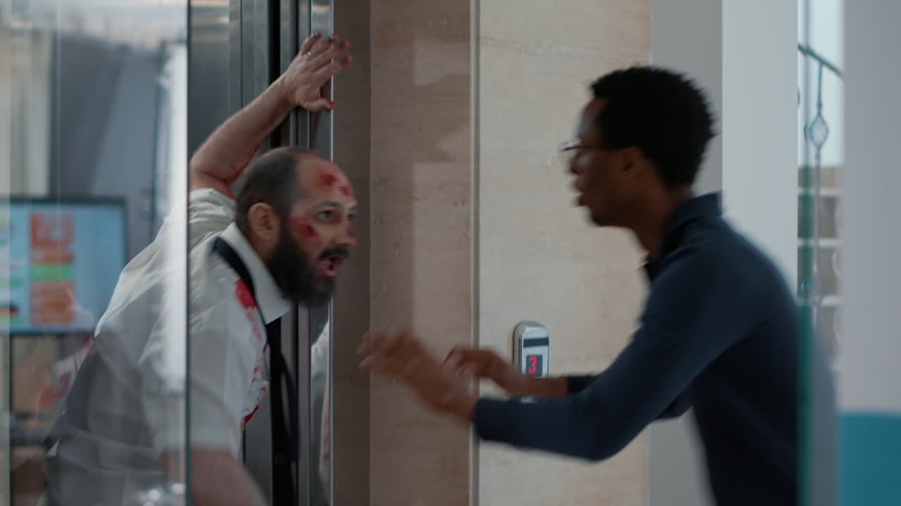 Un uomo d'affari afroamericano esce dal lavoro quando degli spaventosi zombie escono dall'ascensore