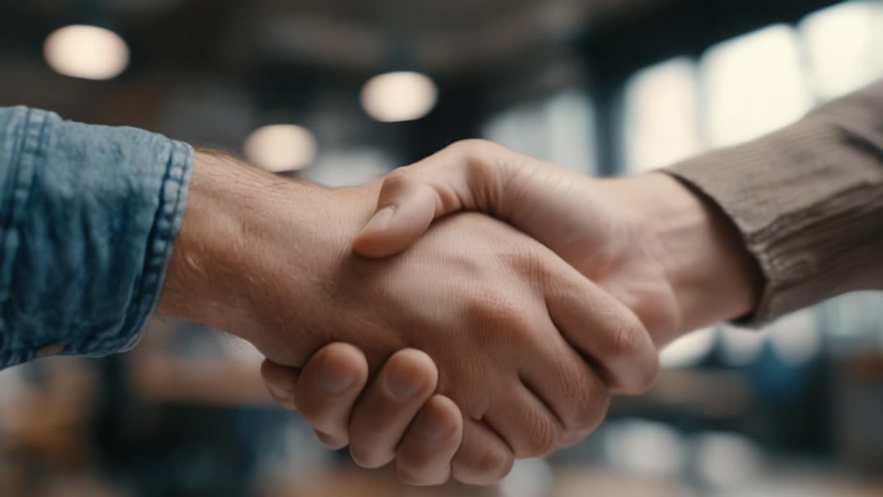 Close up view of two men shaking hands to seal an agreement, representing a successful business deal, partnership, and professional trust inside a modern industrial warehouse or factory
