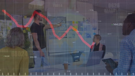 Animation-Der-Statistischen-Datenverarbeitung-Gegen-Einen-Biracial-Mann,-Der-Im-Büro-Eine-Präsentation-Hält