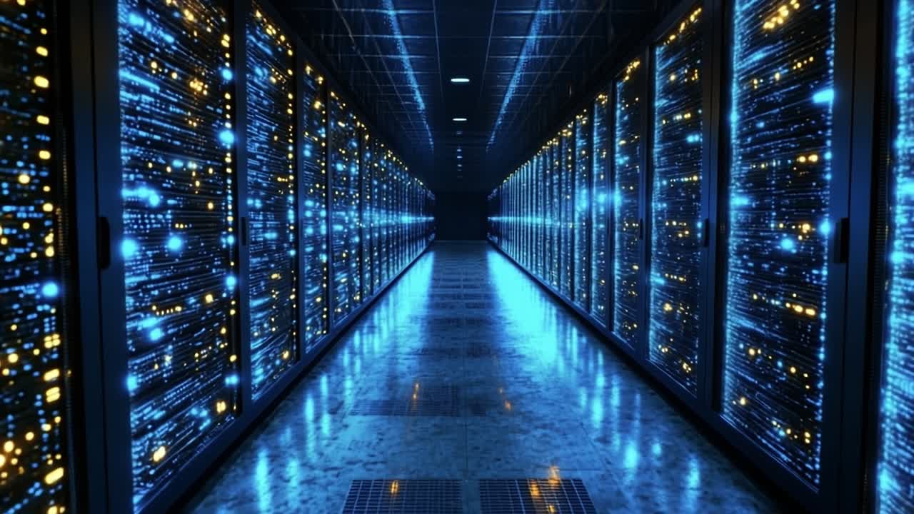 Blue-lit data center corridor. Rows of illuminated server racks create an ethereal blue glow in a high-tech data center at night.