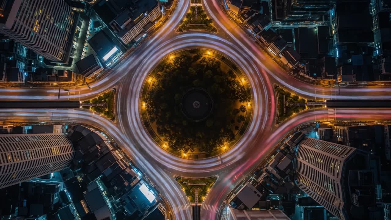Aerial Night View of a City Roundabout with Long Exposure Light Trails