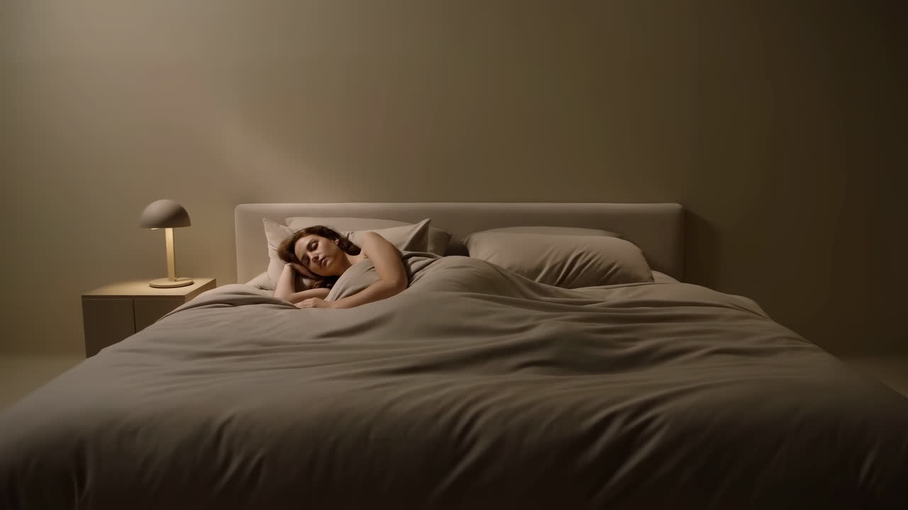Kaukasisk kvinde sover alene i seng, blød lampeskær i neutralt, minimalistisk soveværelse, hyggelig dyne og puder.