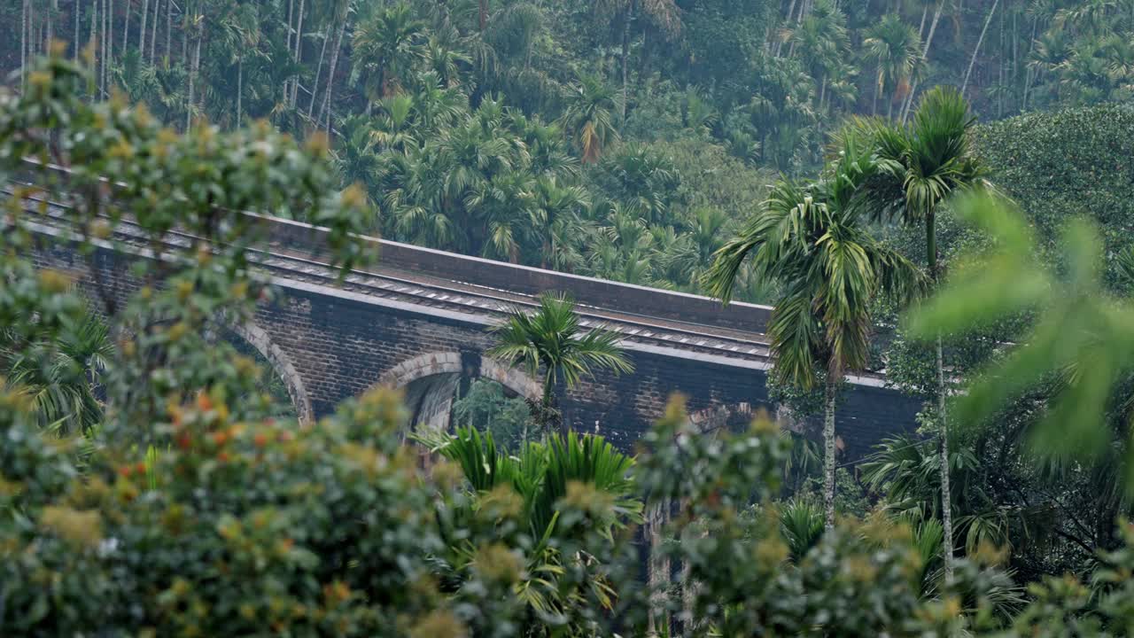 A colorful passenger train passes over the historic Nine Arch Bridge near Ella, Sri Lanka, framed by lush tropical vegetation and the green hills of the central highlands.