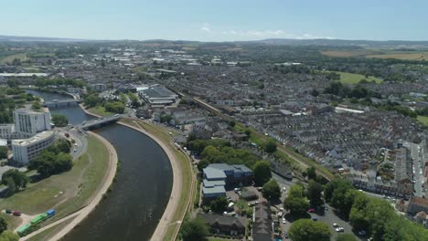 aerial over a bustling exeter city, devon