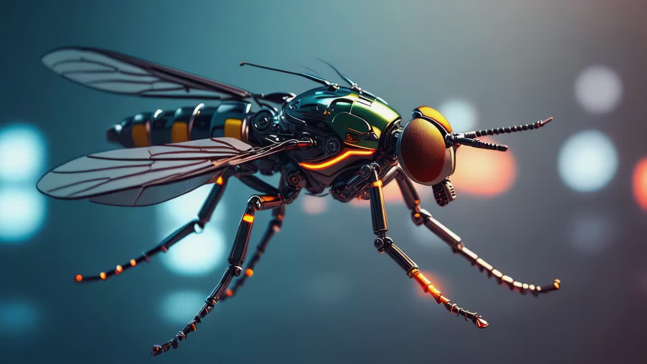 A detailed robotic insect with glowing parts