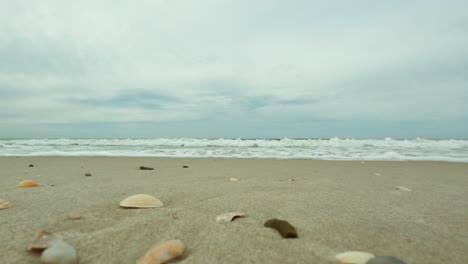 a wave is coming directly to the camera which is standing on the sandy beach