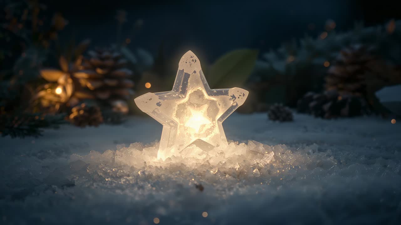 Glowing star ornament pulsing internal light on snow, making pine cones and crystals sparkle