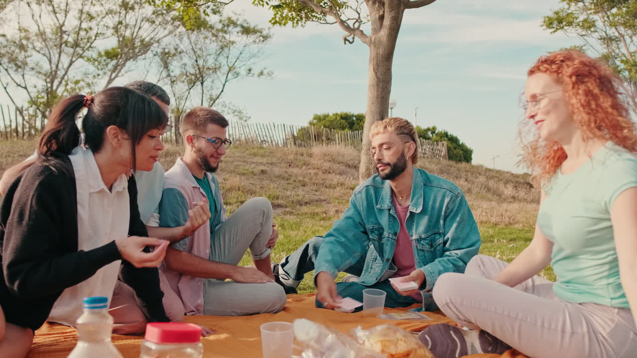 Friends Enjoying a Picnic and Playing Cards
