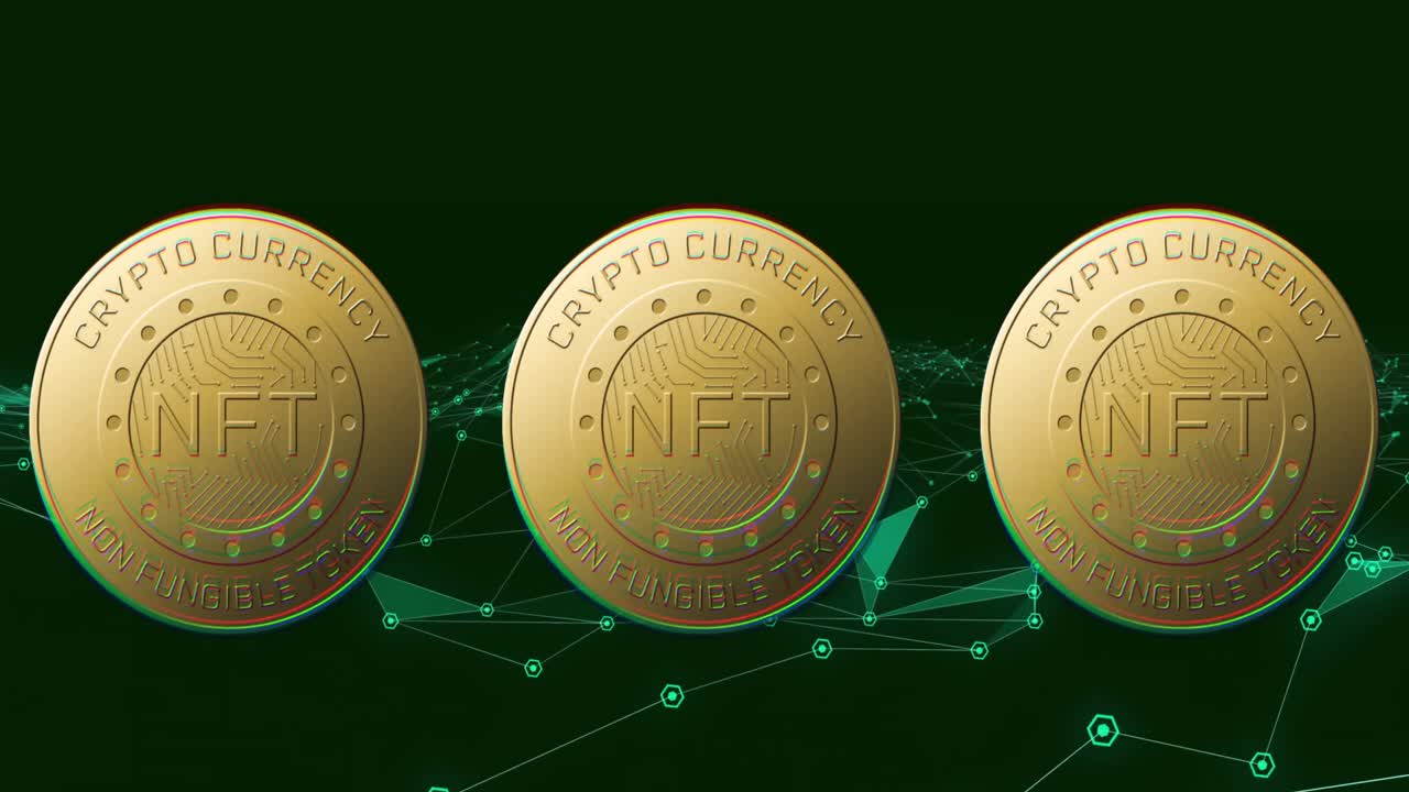 animación del texto nft en monedas de oro y red de conexiones sobre fondo oscuro