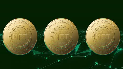 animation of nft text on golden coins and network of connections over dark background