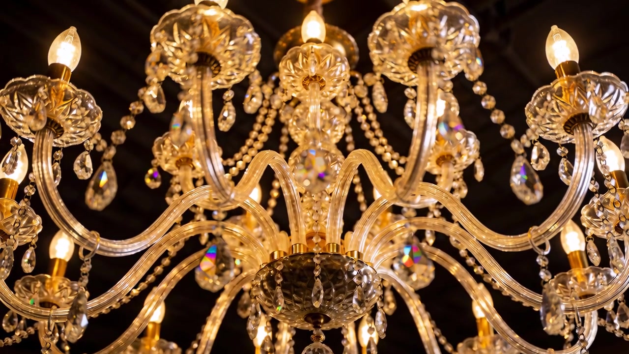 Pulling back camera revealing large ornate crystal chandelier in grand foyer, crystals sparkling