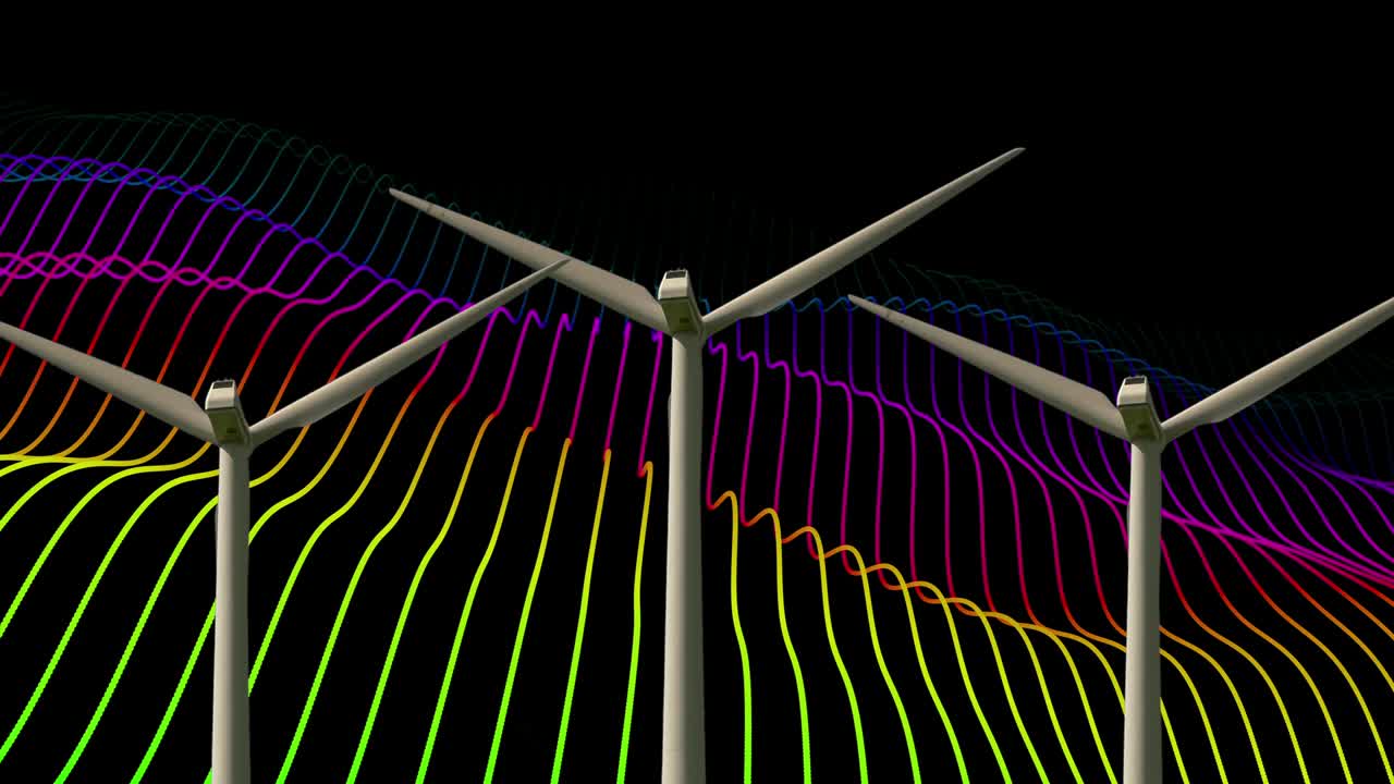 Composite clip of wind mill with digital generated background animation