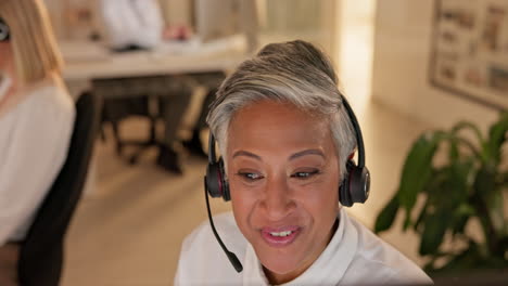 Call-center,-talking-and-senior-woman-on-video