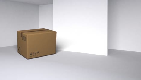 animation of cardboard box falling on white floor with white wall in background