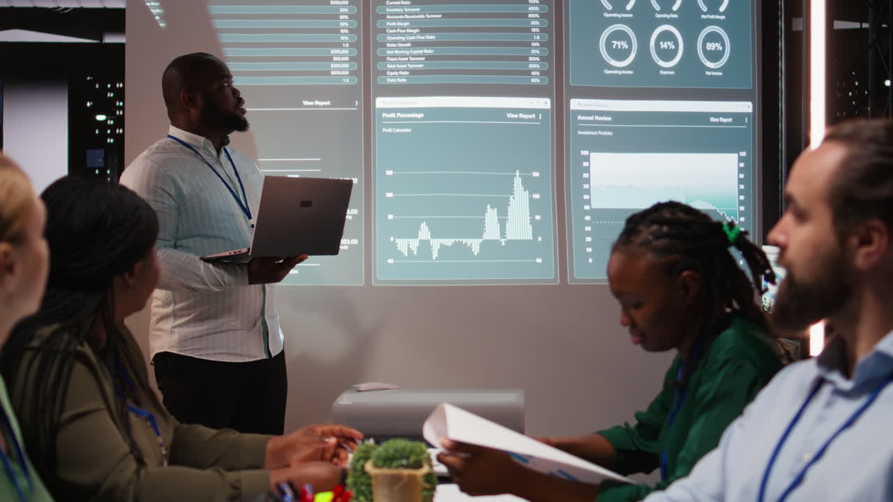 Team of firm coworkers analyzing their pitch ideas for an important meeting