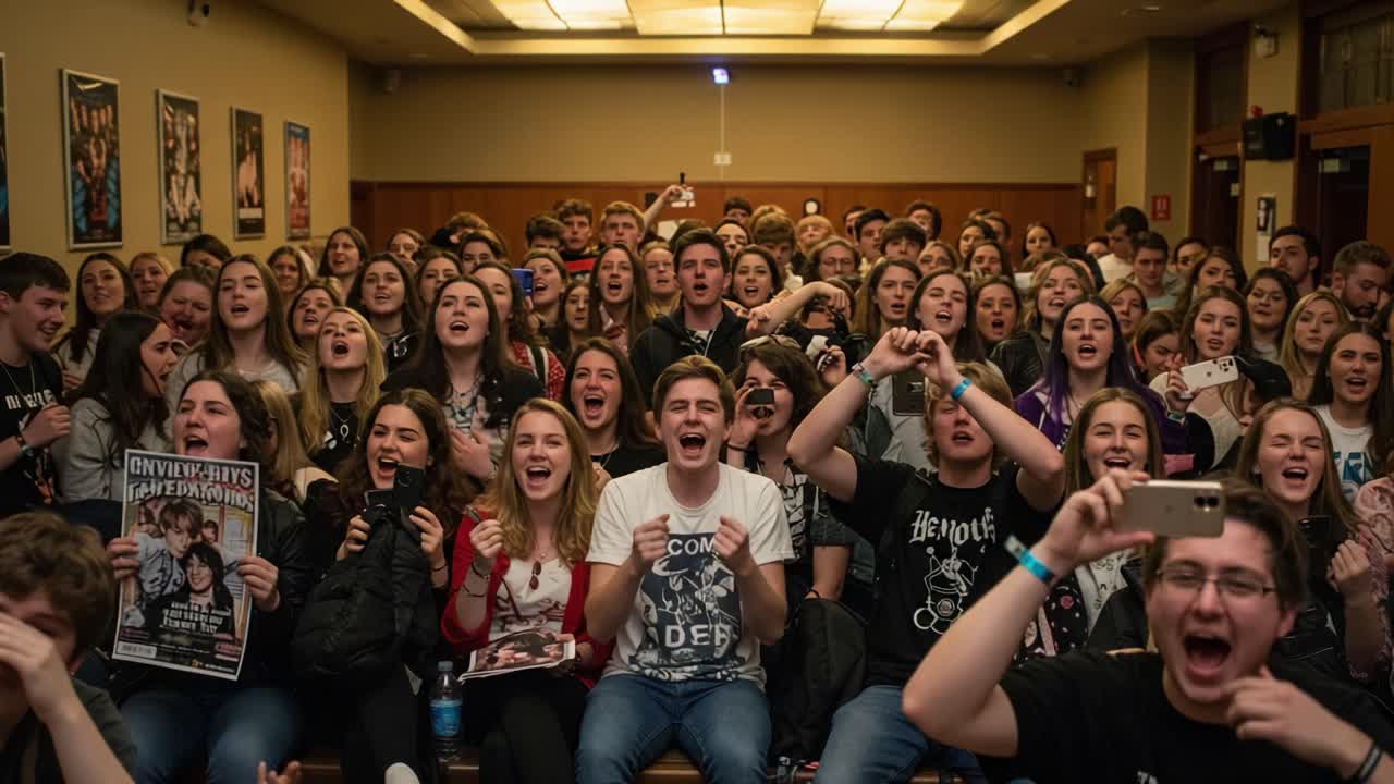 A Thrilling Crowd Celebration: Enthusiastic Fans Enjoying a Memorable Event with Joyful Expressions, Posters, and Excitement in an Engaging Atmosphere